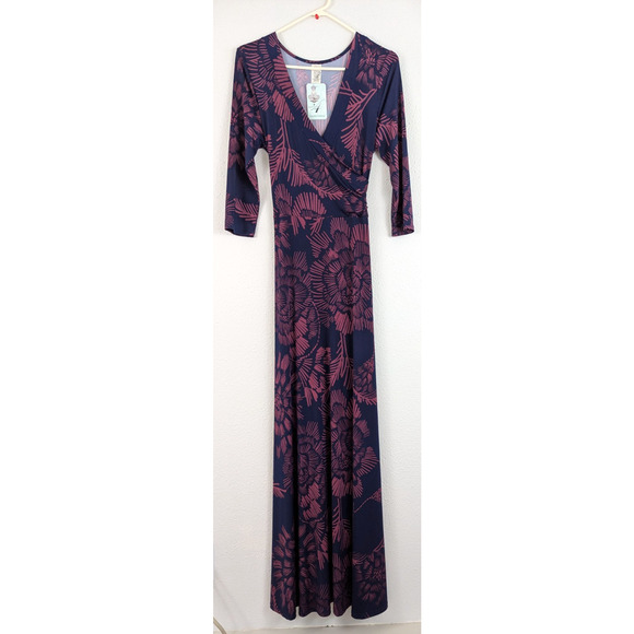 New Janette sz L Faux Wrap Long Maxi Dress navy berry 3/4 sleeves stretchy 1815 - Picture 1 of 5